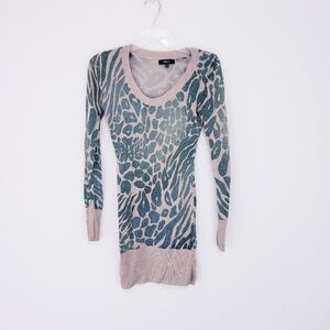 Express Animal Print Sweater Tunic Dress Green Tan Metallic Sparkle Size Small